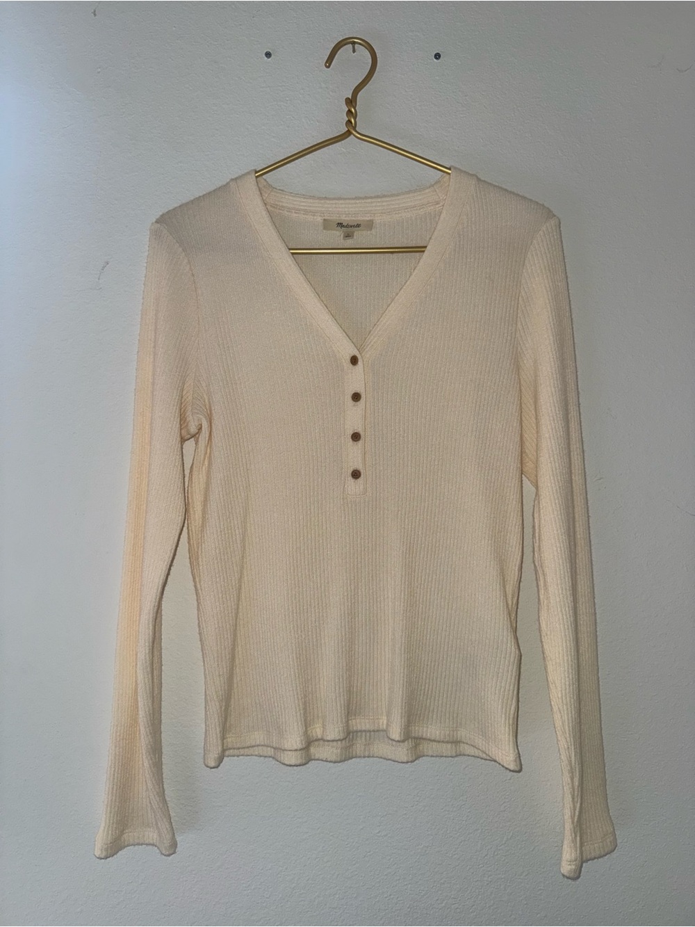 Madewell Viscose Blend V-Neck Ribbed Women's Top Cream Large